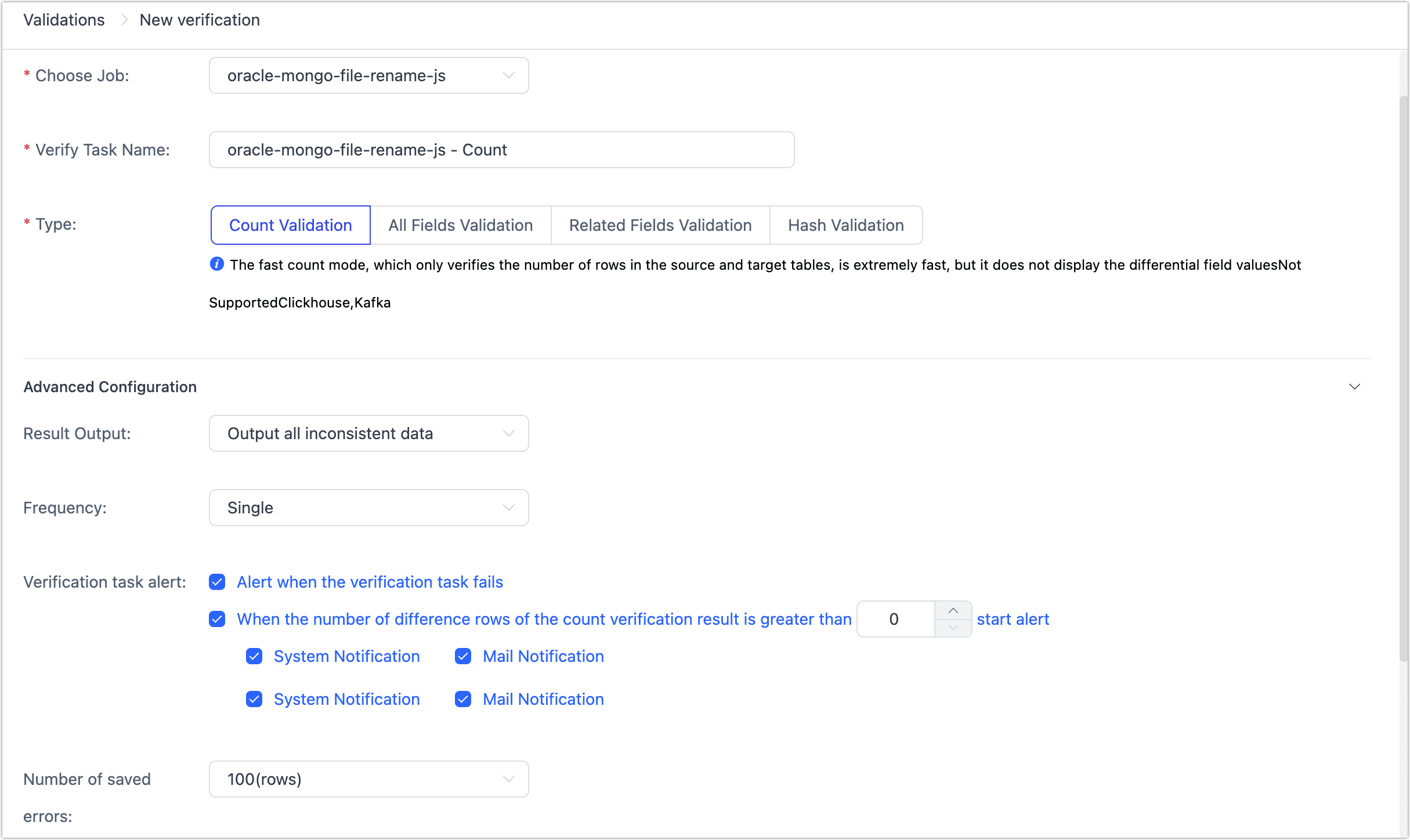 Setting validation Task