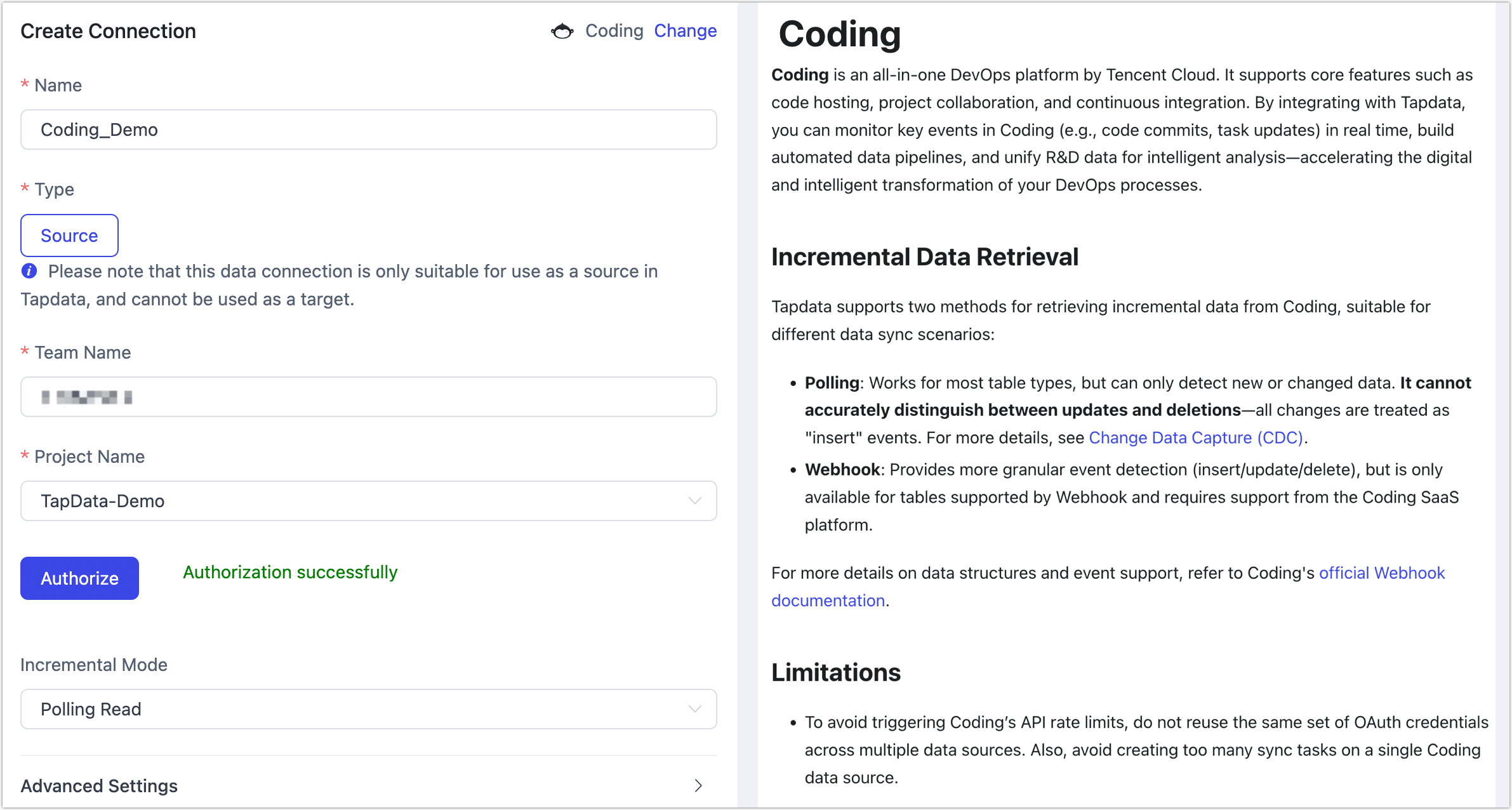 Coding Connection Settings