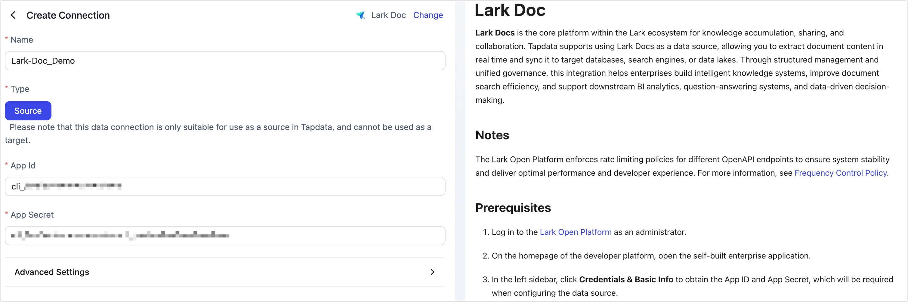 Lark Doc Connection Settings