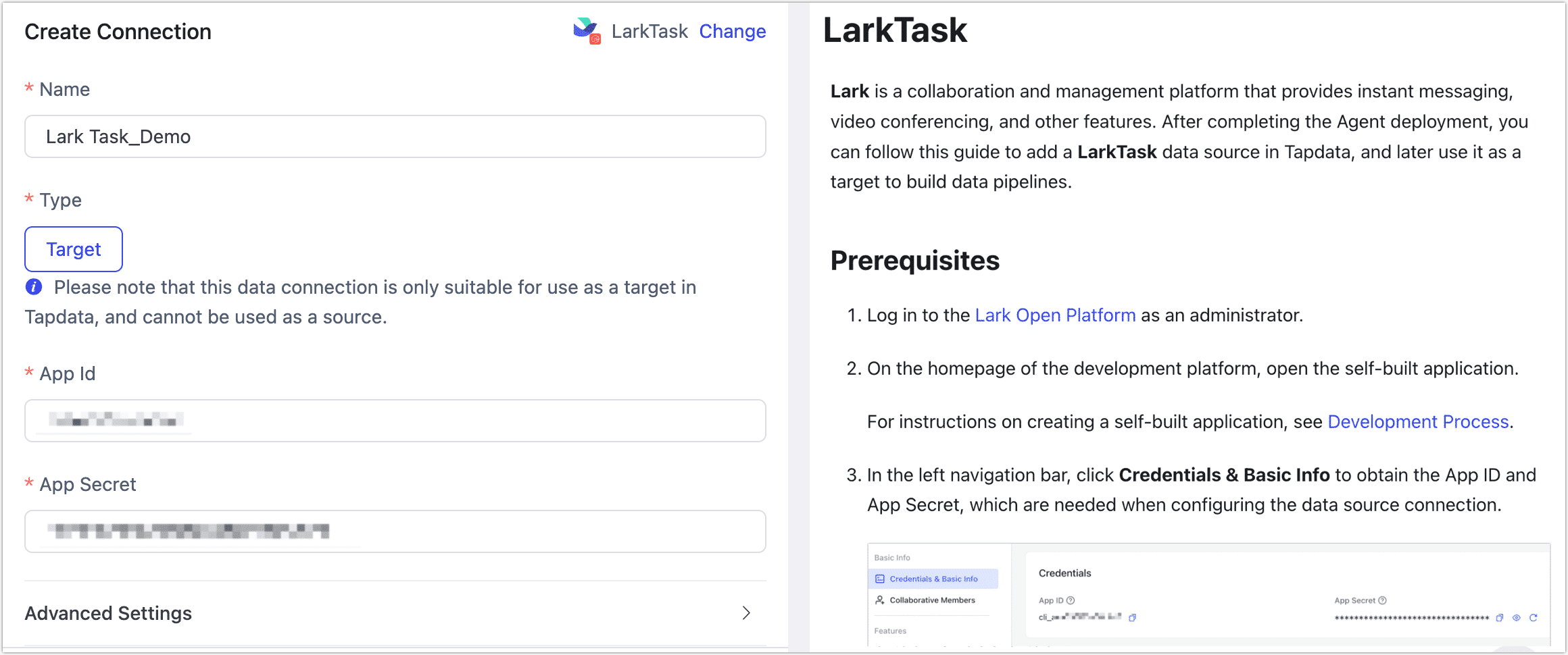 Lark Task Connection Settings